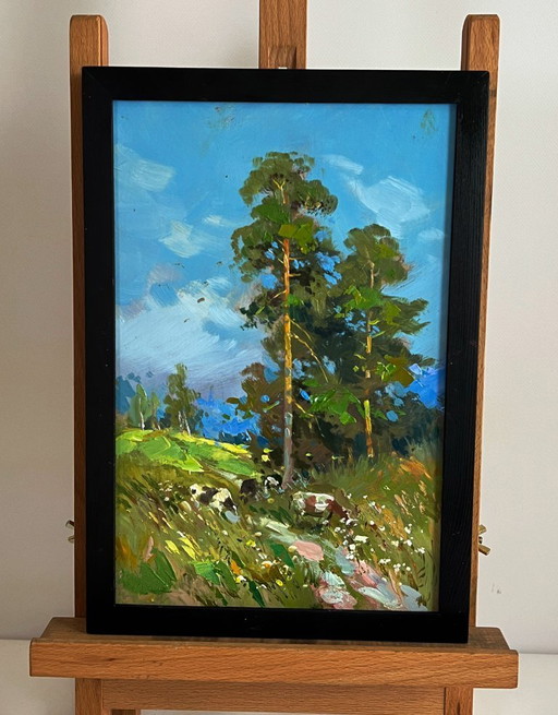 Peinture à l'huile originale, paysage d'été, vaches se promenant dans la nature