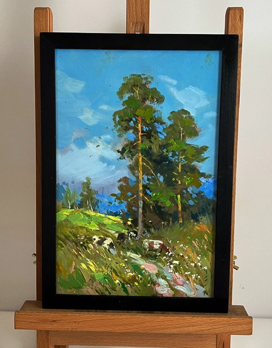Image 1 of Peinture à l'huile originale, paysage d'été, vaches se promenant dans la nature