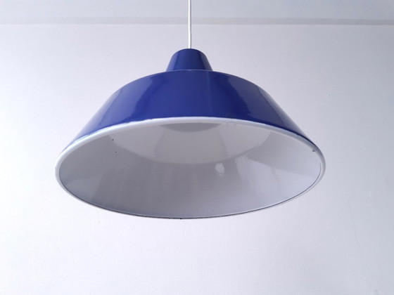 Image 1 of Louis Poulsen dark blue enamel pendant lamp, minimalist industrial Danish pendant lamp, mid-century modern dining table lamp