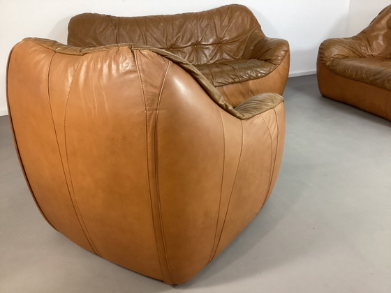 Image 1 of Ensemble de sièges vintage en cuir cognac des années 70, italien et français