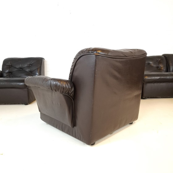 Image 1 of Canapé d'angle modulable vintage 7 pièces en cuir noir/marron
