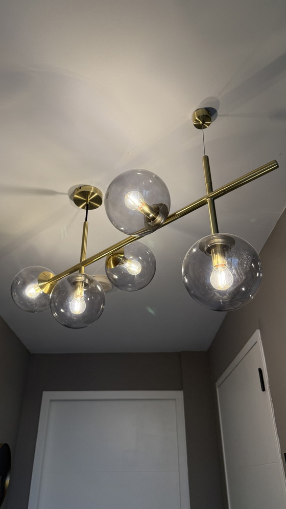Image 1 of Brass & Smoked-Glass Multi-Globe Pendant Light
