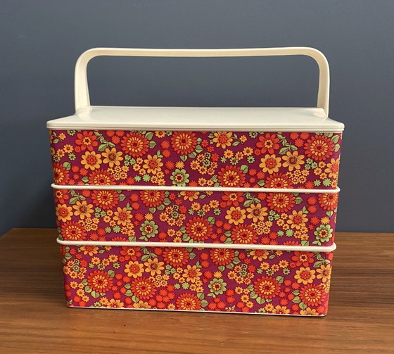 Image 1 of 1970s plastic sewing box with flowerprint in original box