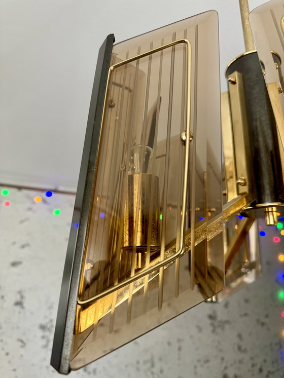 Image 1 of Massive Vintage Design Brass Chandelier With Etched Glass