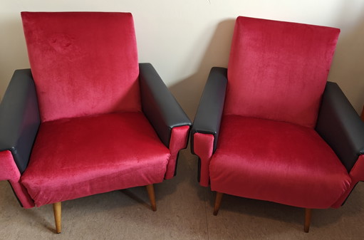 Ensemble de 2 fauteuils cocktail vintage – Style moderne du milieu du siècle (Velours rouge) – Velvet, Wood