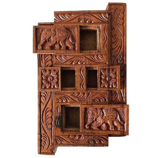 Boîte à bijoux en bois sculpté avec compartiments secrets, fabriquée au Sri Lanka