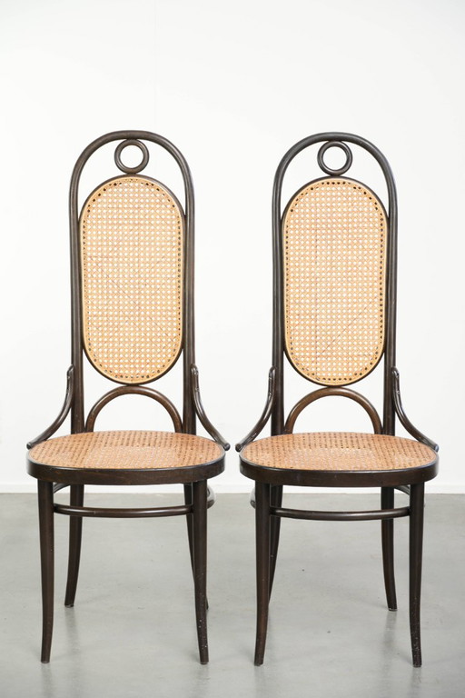4 x Original vintage Thonet design webbing chair, model Long John, with a high back and elegant frame