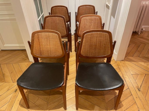 Série de 6 chaises Danoises en Teck, Cannage et Cuir, modèle FD 187 par Arne Vodder pour France & Son 1956.