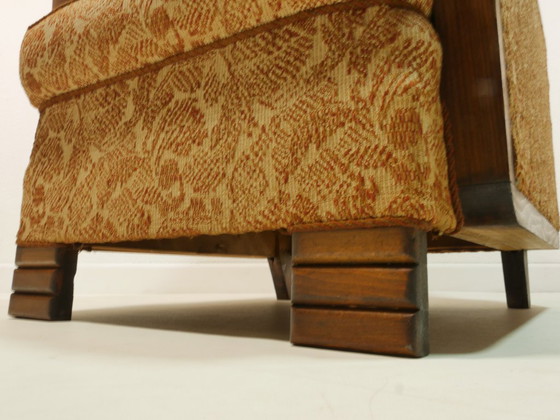 Image 1 of Vintage fauteuil uit de jaren 50, originele mid-century modern stijl, houten armleuningen, vering, bloemenstof, Duitsland