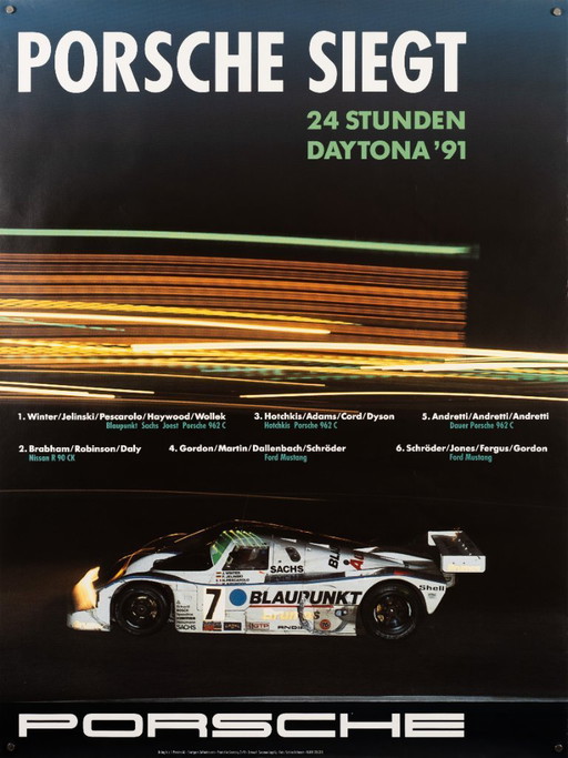 Porsche 24 Stunden Daytona – 1991 – Poster originale Porsche vintage di Susanne Lagally – Sport motoristici moderni – 102x76 cm