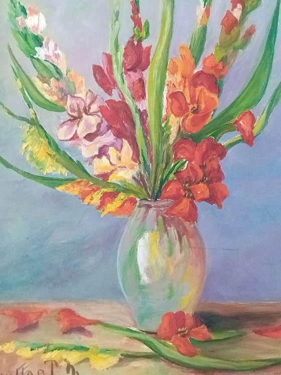 Image 1 of Oil painting on panel – Still life with gladioli