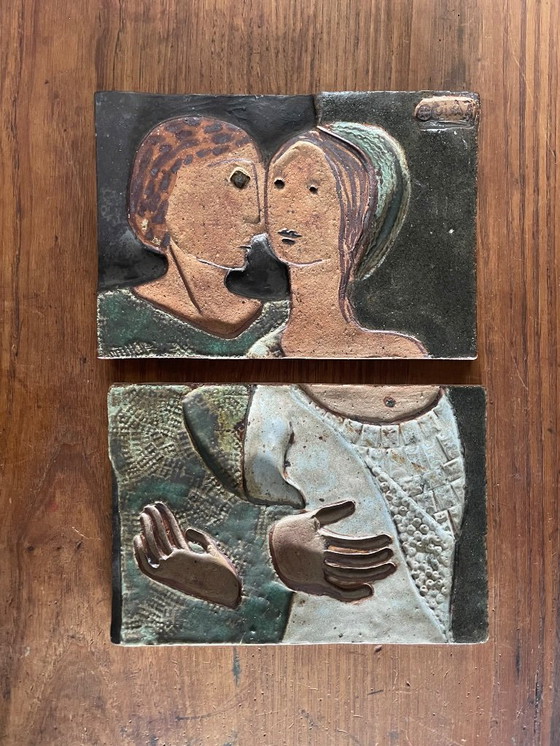 Image 1 of Carreau d'art mural figuratif moderniste en grès polychrome 1975