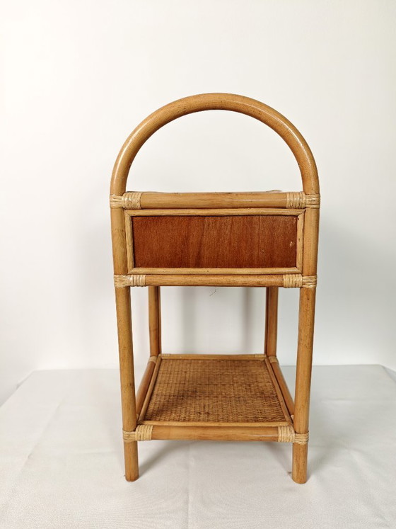 Image 1 of Vintage Rattan Bedside Table / 1970s Bamboo Nightstand / Boho Side Table with Drawer / Wicker Furniture / Coastal Bohemian Decor