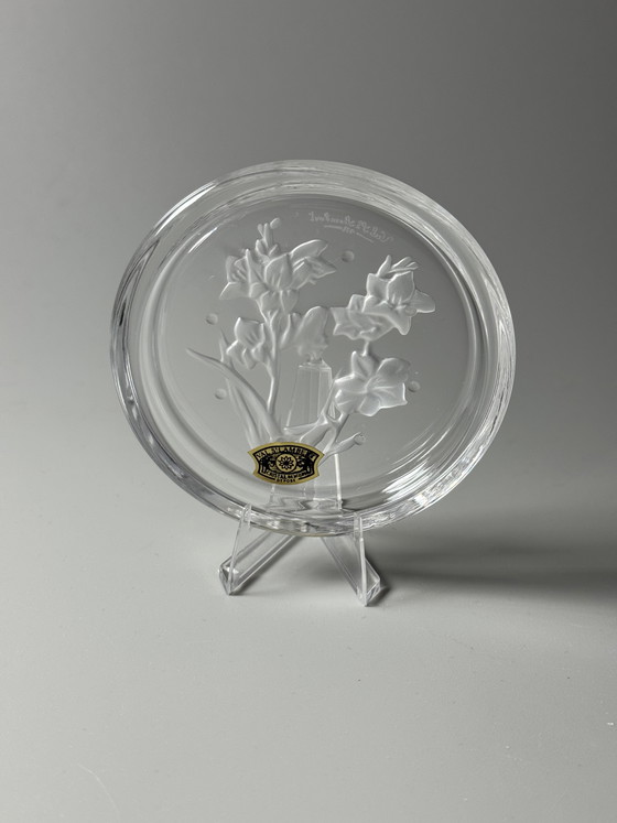 Image 1 of Coffret de 6 sous-verres en cristal Val Saint Lambert « Fleurs » – Motifs floraux – Style années 1950 – En boîte
