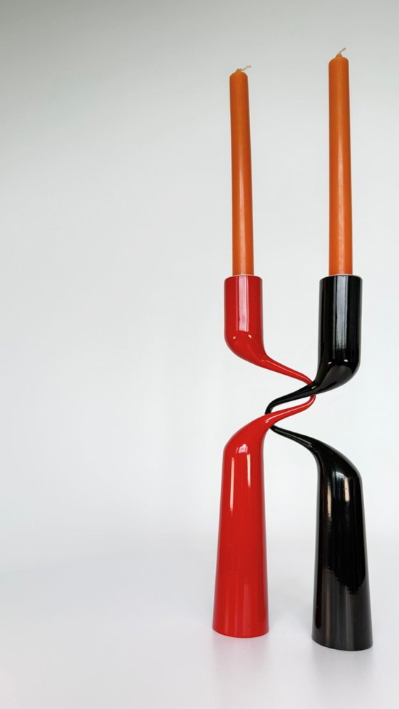Image 1 of Red and black 'Tango' candlesticks designed by Mikaela Dörfel for Menu Denmark