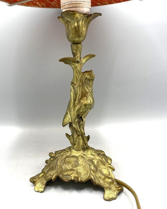 Image 1 of Art Nouveau style brass table lamp with red/black mushroom art de France glass