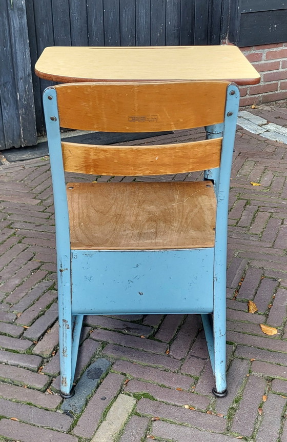 Banchetto scolastico anni '50/'60 modello "Envoy" American Seating Company, Scrivanie, Metallo, Legno, Blu (foto 4 di 14)