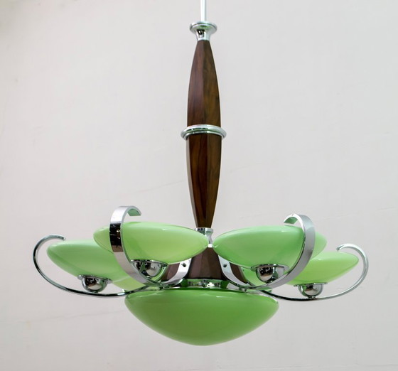 Image 1 of Art Deco Italiaanse kroonluchter in chroom en "Incamiciato" glas, jaren 1930