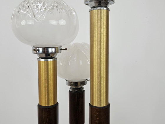 Image 1 of Lámpara de pie de cristal de Murano de mediados de siglo en madera y metal con tres puntos de luz, década de 1970