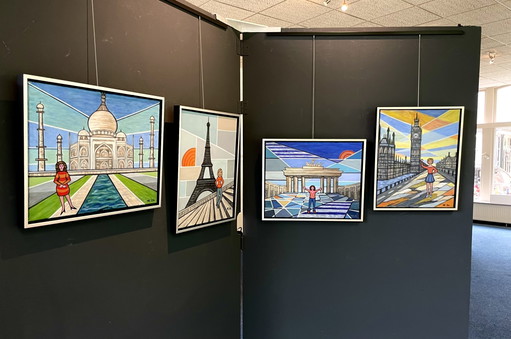 Beautiful series of 8 handmade paintings, theme ‘women and world buildings’.