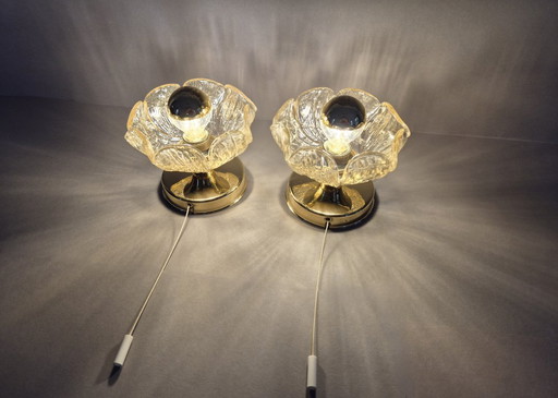 Conjunto de dos lámparas de mesa de cristal con forma de flor de Leclaire & Schäfer de los años 70.