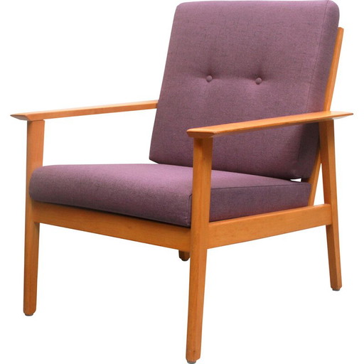 Poltrona vintage in legno e tessuto viola, 1960