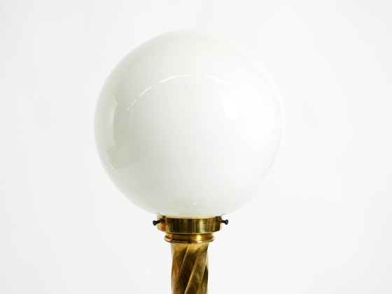 Image 1 of Large 1960s brass column-style table lamp with frosted glass globe