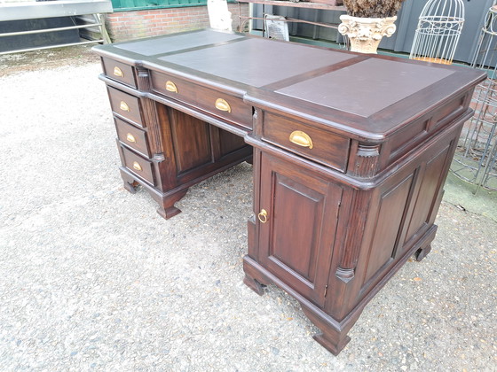 Image 1 of Scrivania classica inglese a due lati, scrivania partner, scrittoio con inserto in pelle, 150 x 75 cm e altezza 78 cm
