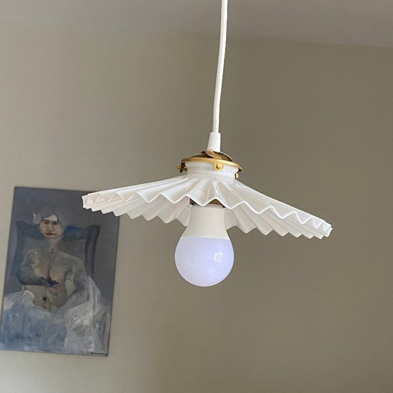 Image 1 of Antique pendant light with pleated white opaline glass shade