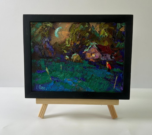 Original Oil Painting Summer House Landscape Moonlit Country Night