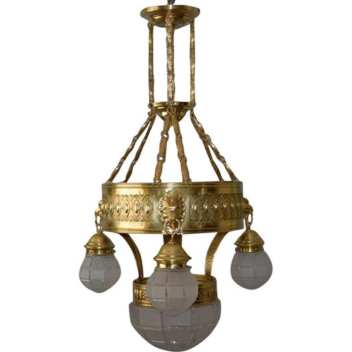 Lustre vintage en laiton et verre, années 1910