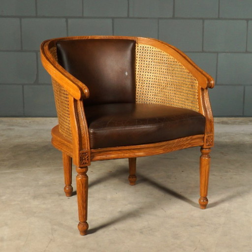 Sillón vintage de ratán y cuero marrón, años 80