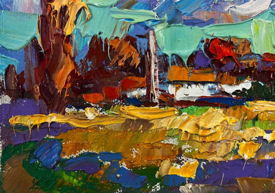 Image 1 of Original Oil Painting Autumn Village Landscape Peace of the sky over the quiet earth