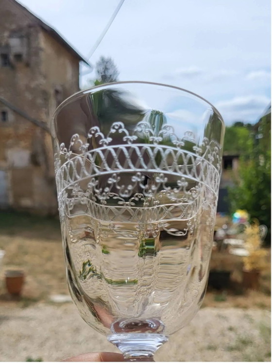 6 engraved glass wine/water glasses from the early 20th century. – Glass & Decanter, Crystal (photo 9 of 10)