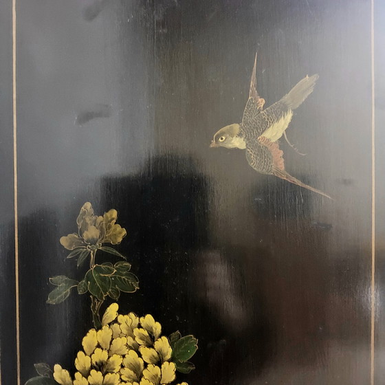 Image 1 of Vintage black Chinese lacquer cabinet with flowers and birds / bohemian / Asian / Oriental cabinet