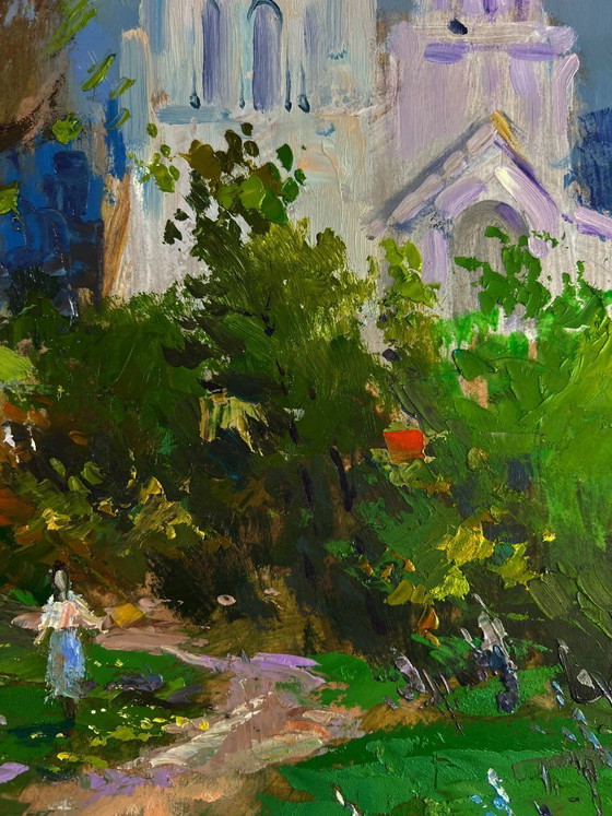 Image 1 of Original Oil Painting Summer Nature Landscape Church under a shining sky