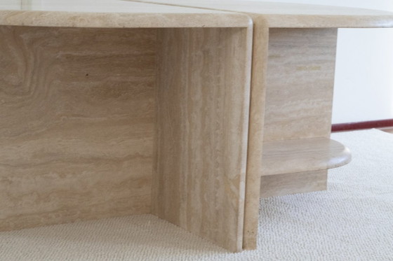 Vintage Travertin Salontafel Set - Postmodern Italiaans Design, Travertine, Beige, Mid Century Modern (foto 5 van 7)