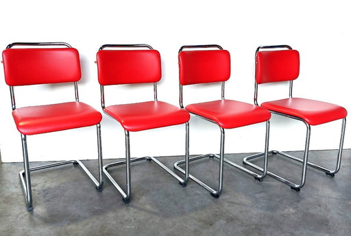 4 sedie Gispen 101 | cromo lucido | pelle rossa | come nuove