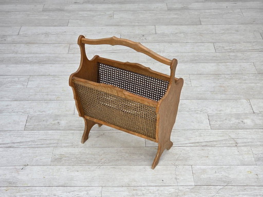 1970s, Danish newspaper holder, solid oak wood, furniture mesh.