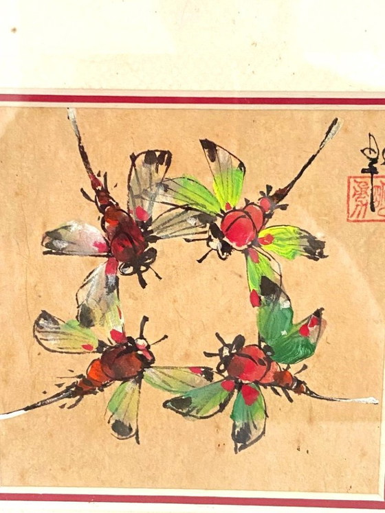 Image 1 of Dessin Aquarelle Polychrome Libellules Akitsu Dragonfly Japon 1950 Art Encadré