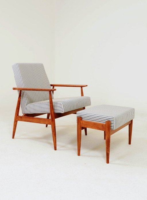 Lounge Chair with footstool Vintage Stripe Fabric Mid Century Design, 1960