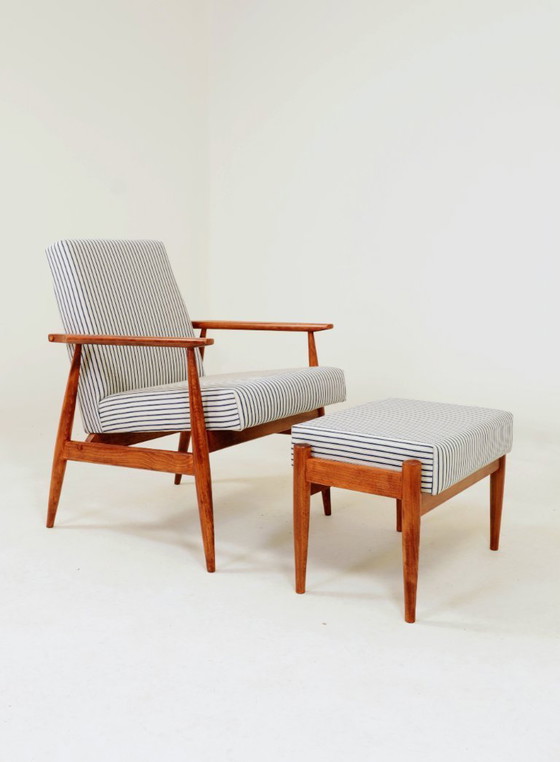 Image 1 of Lounge Chair with footstool Vintage Stripe Fabric Mid Century Design, 1960