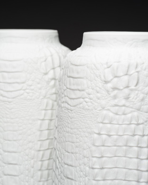 Image 1 of XL Manfred Frey Kaiser Bisque Porcelain Vase Crocodile Reptile Relief Op-Art Duo