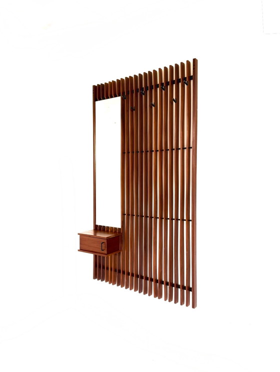 Vintage XL Teak Slat Coat Rack, Germany '60s, Glass, Wood, Brown (photo 4 of 12)
