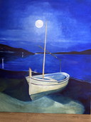 Olieverfschilderij, strand, boot en maan