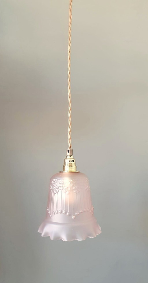 Antique / vintage pendant lamp with pink glass shade