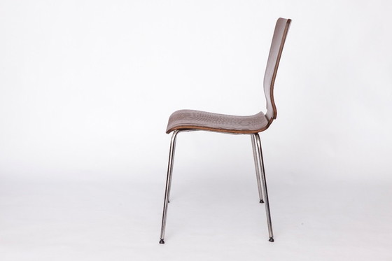 Image 1 of IKEA Gilbert stoel – vintage stapelbare eetkamerstoel uit de jaren 90, zitting van teakhout met chromen poten, set van 3 beschik