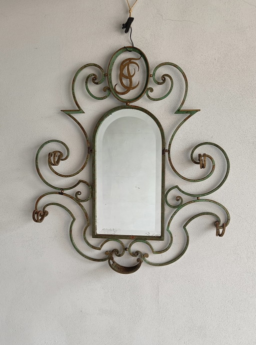 French wrought iron wall mirror coat rack, 1930s–40s, large decorative entry piece