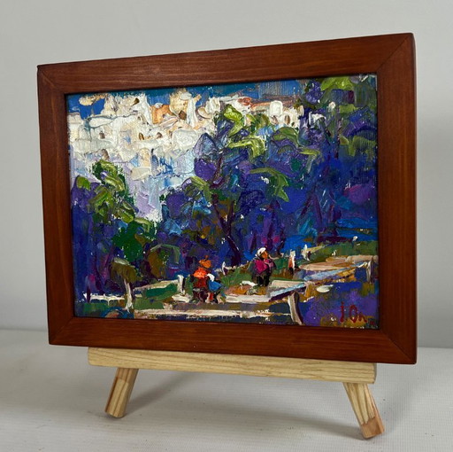 Original Oil Painting Summer City Landscape A walk through the city park