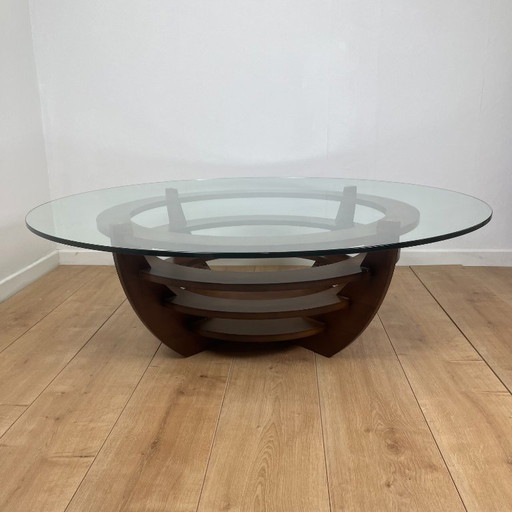 Skulpturaler Couchtisch mit konzentrischen Ringen, Glas und Holz, um 1985